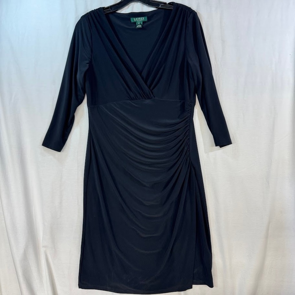 Lauren Ralph Lauren Black Ruched V-Neck Sheath Dress 3/4 Sleeve Size 14P